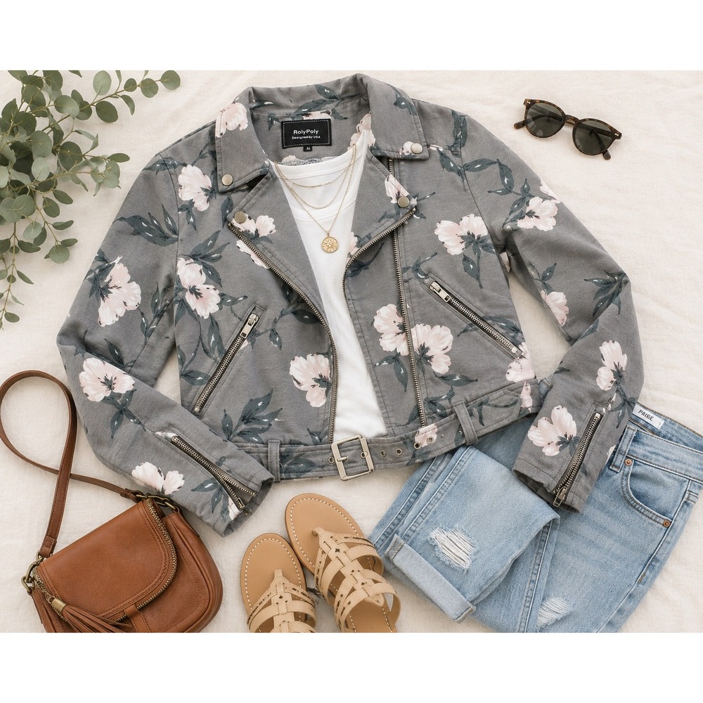Roly Poly Floral Moto Jacket Gray Pink Belted Cropped Biker Jacket Womens Size M